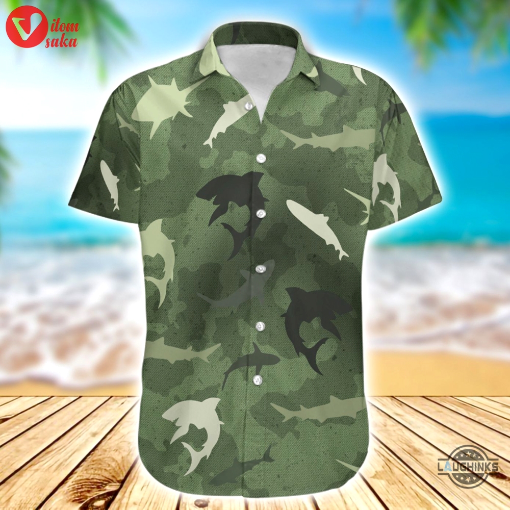 Shark camo hawaiian shirt aloha summer beach button up shirts and shorts gift
