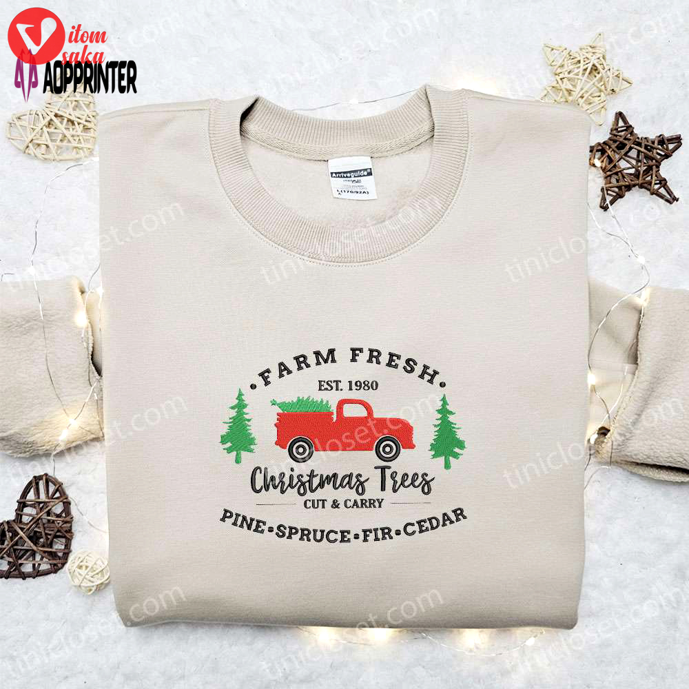 Shop christmas tree truck embroidered shirt & hoodie – best family gift ideas