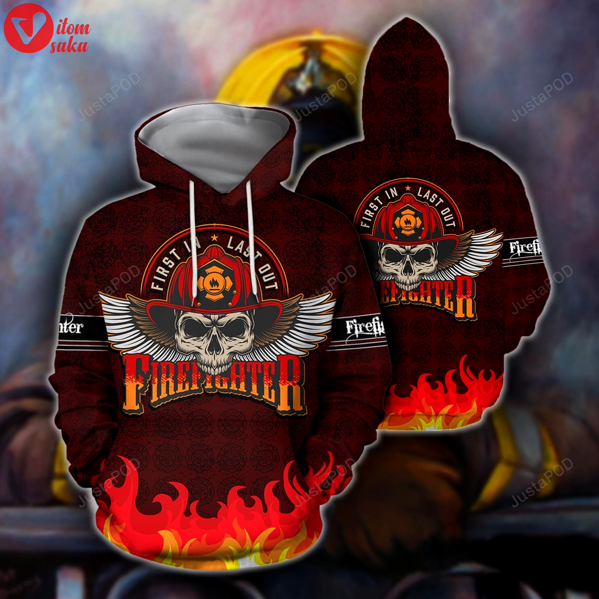 Skull firefighter red 3d all over print hoodie, zip-up hoodie