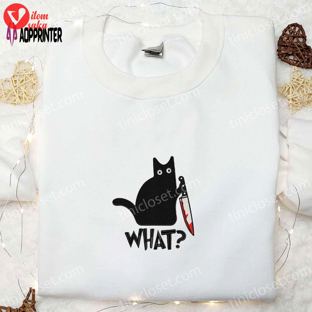 Spooky funny black cat with knife embroidered shirt – perfect halloween gift