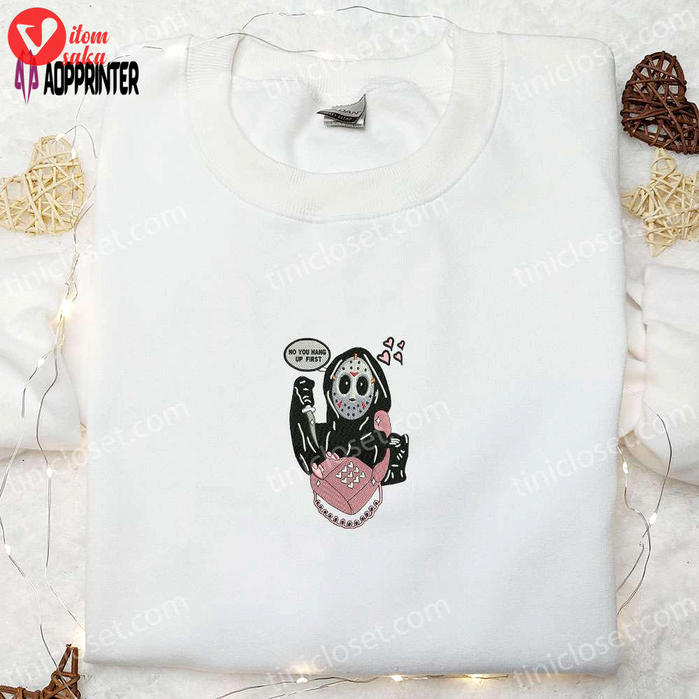 Spooky halloween embroidered shirt hoodie & t-shirt: no you hang up first jason – funny & stylish!