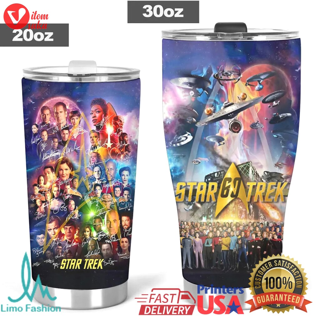 Star trek 60th anniversary galaxy collection tumbler, sci fi cast signatures art