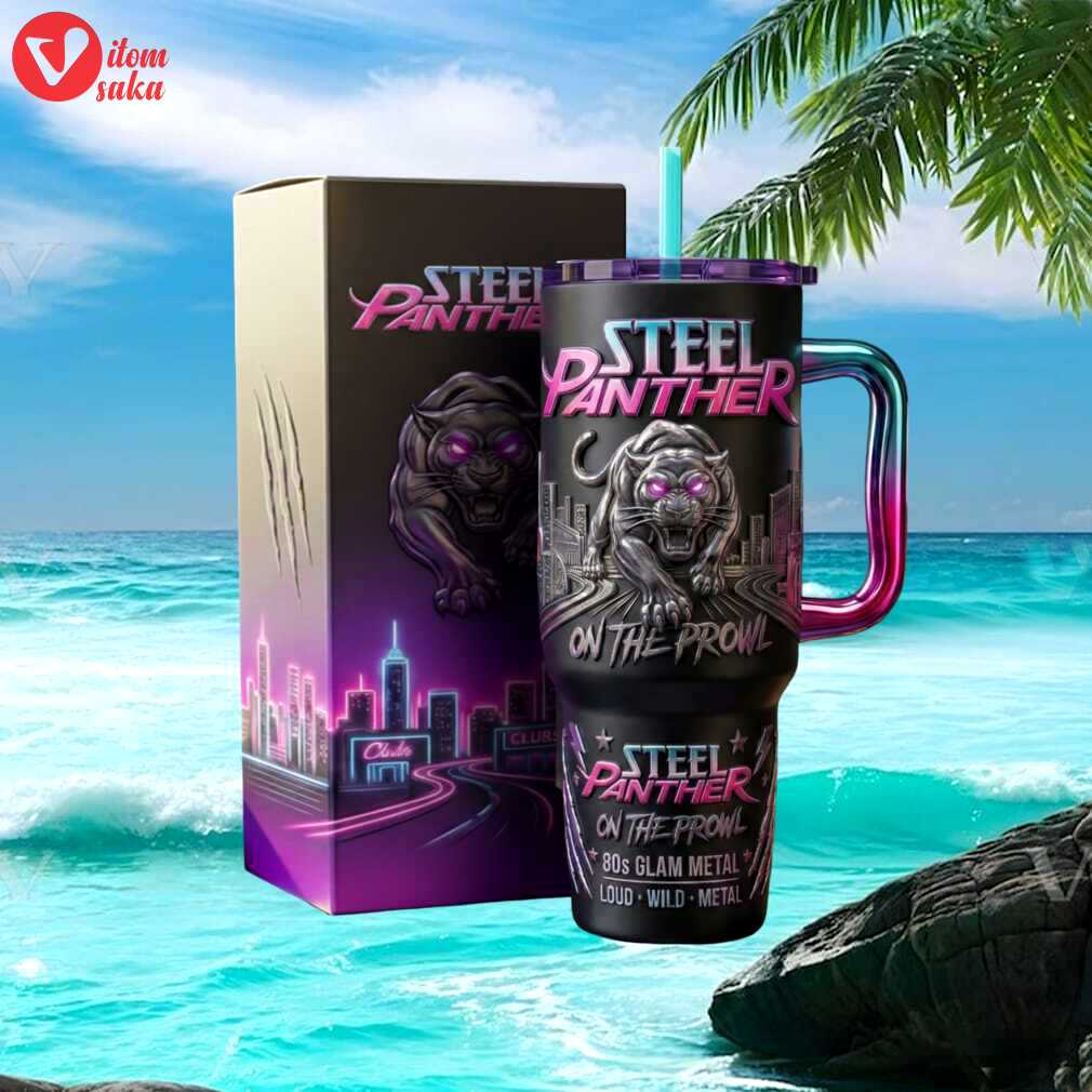 Steel panther on the prowl 80s glam metal neon glow 40oz rock band tumbler