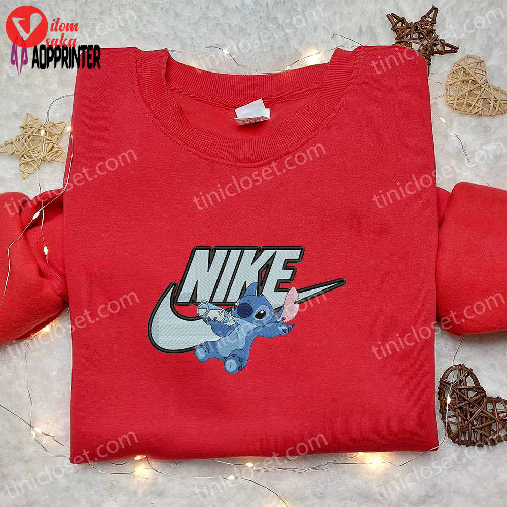 Stitch drinking milk x nike embroidered shirt disney characters hoodie – best gift idea