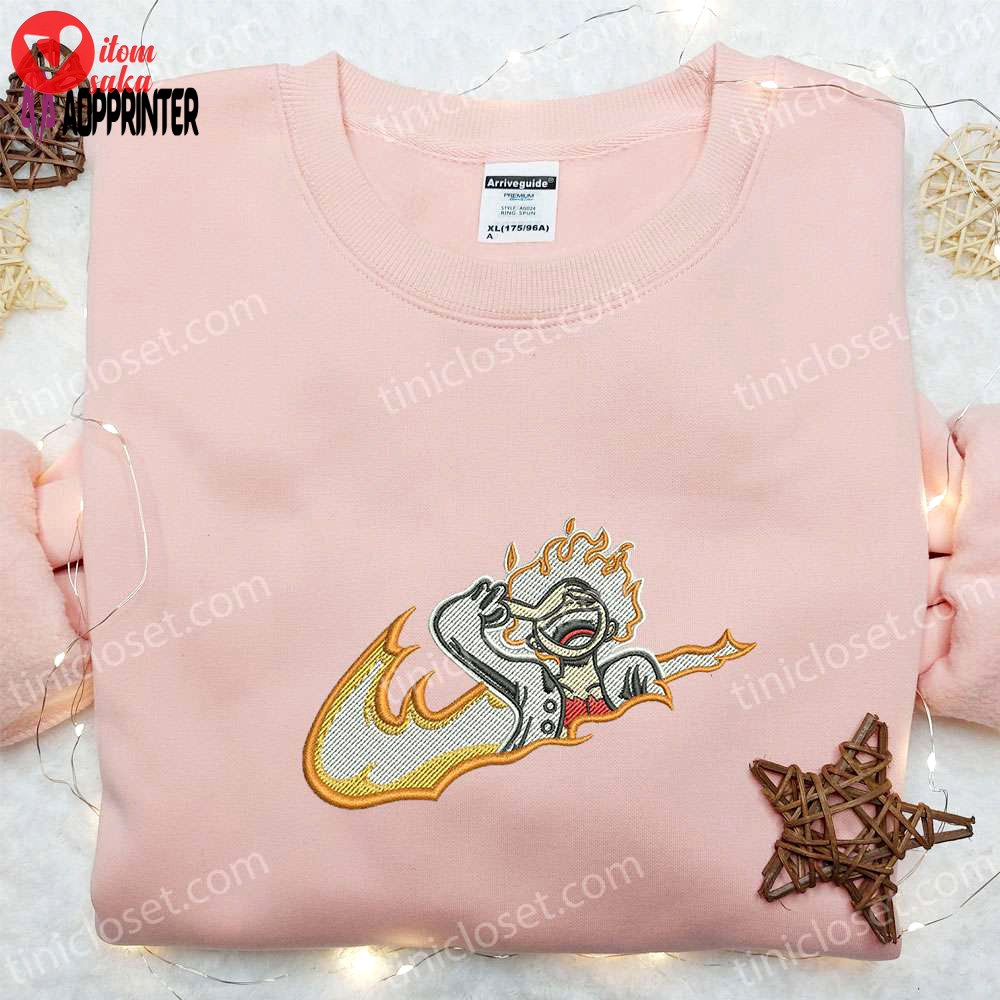 Swoosh x luffy gear 5 laughing sweatshirt: best one piece anime embroidered shirt perfect gift for all occasions