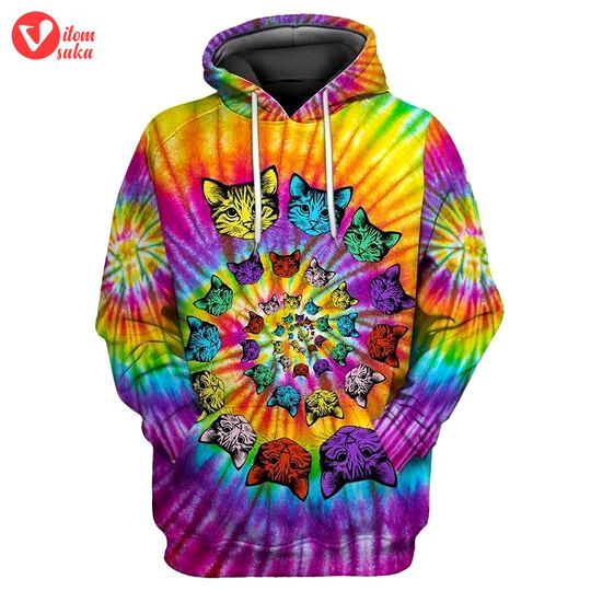 Tie dye hippie cat cute 3d all over printed hoodie, zip- up hoodie