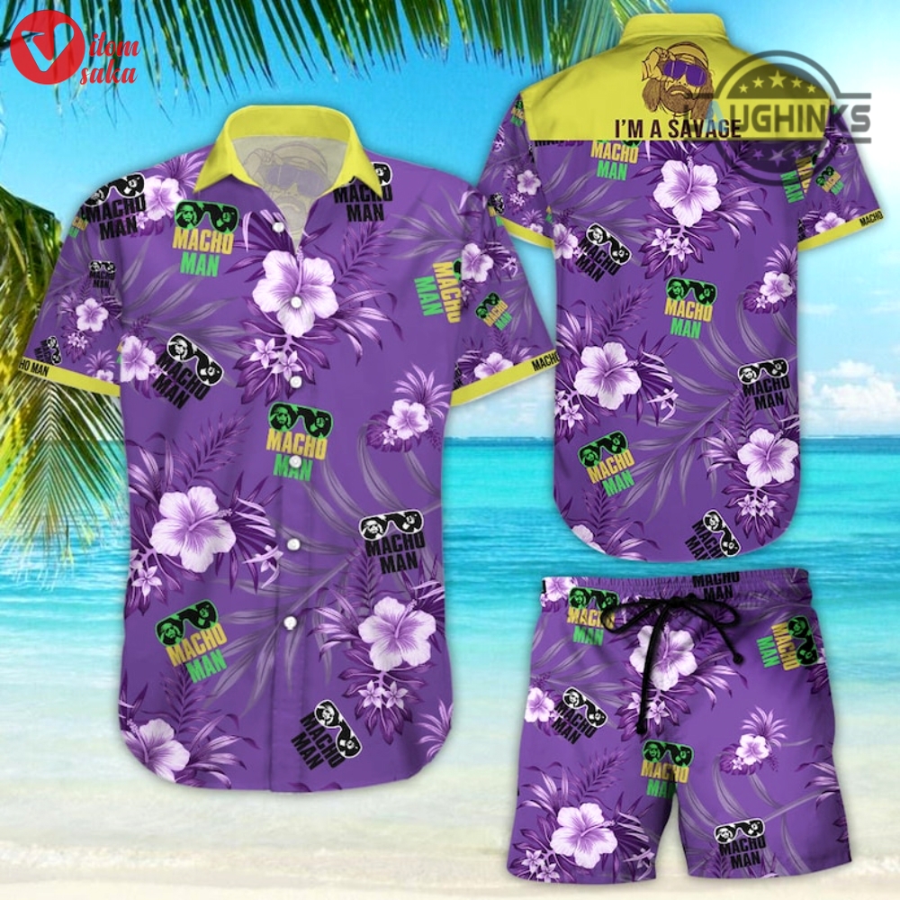 Vintage macho man randy savage shirt macho man randy savage hawaiian shirt and shorts macho man shirt purple macho man shirt wwe shop