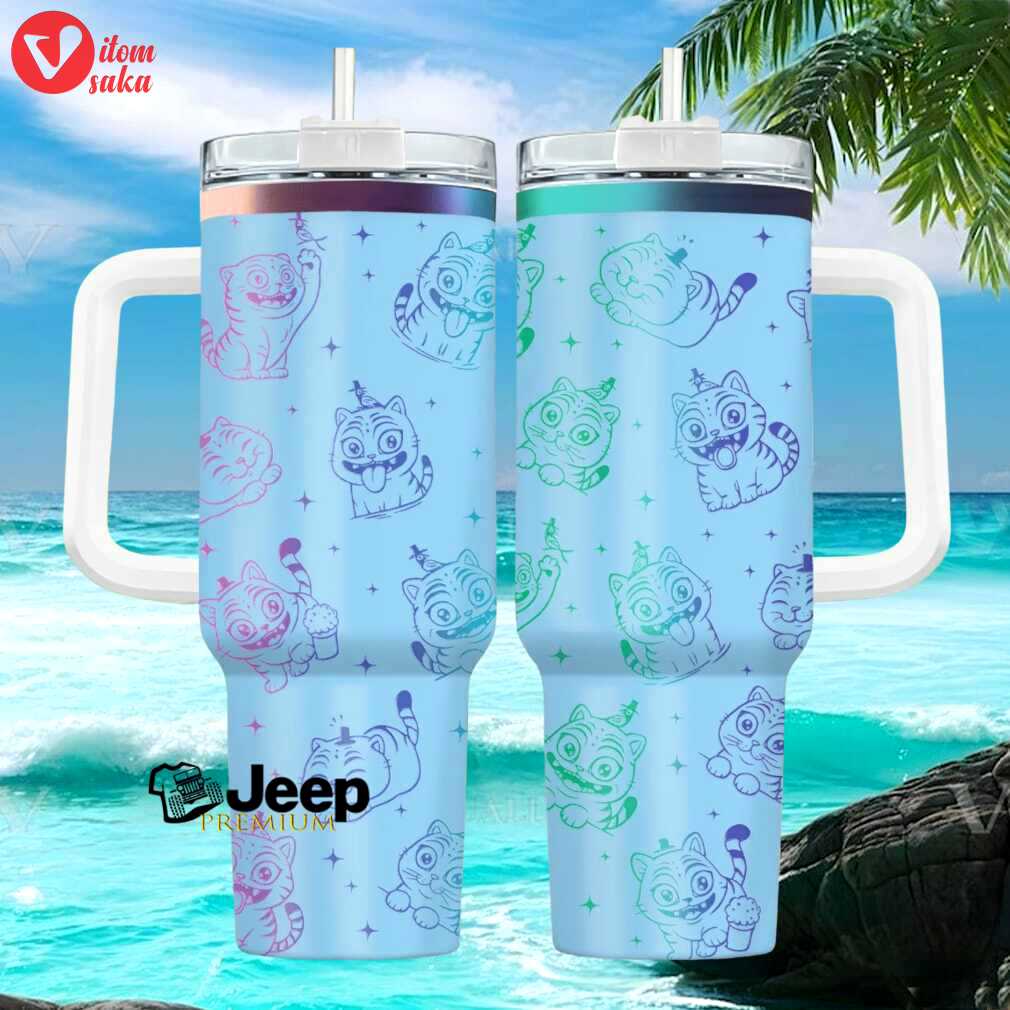 Whimsical cartoon cat pattern pastel blue 40oz insulated travel tumbler with handle.jfif