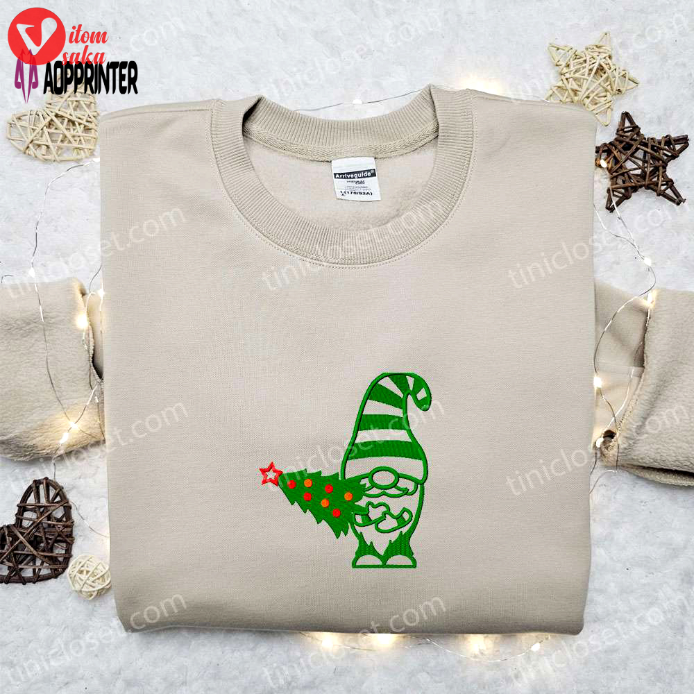 Winter gnome christmas tree embroidered t-shirt: best christmas gift idea for festive style