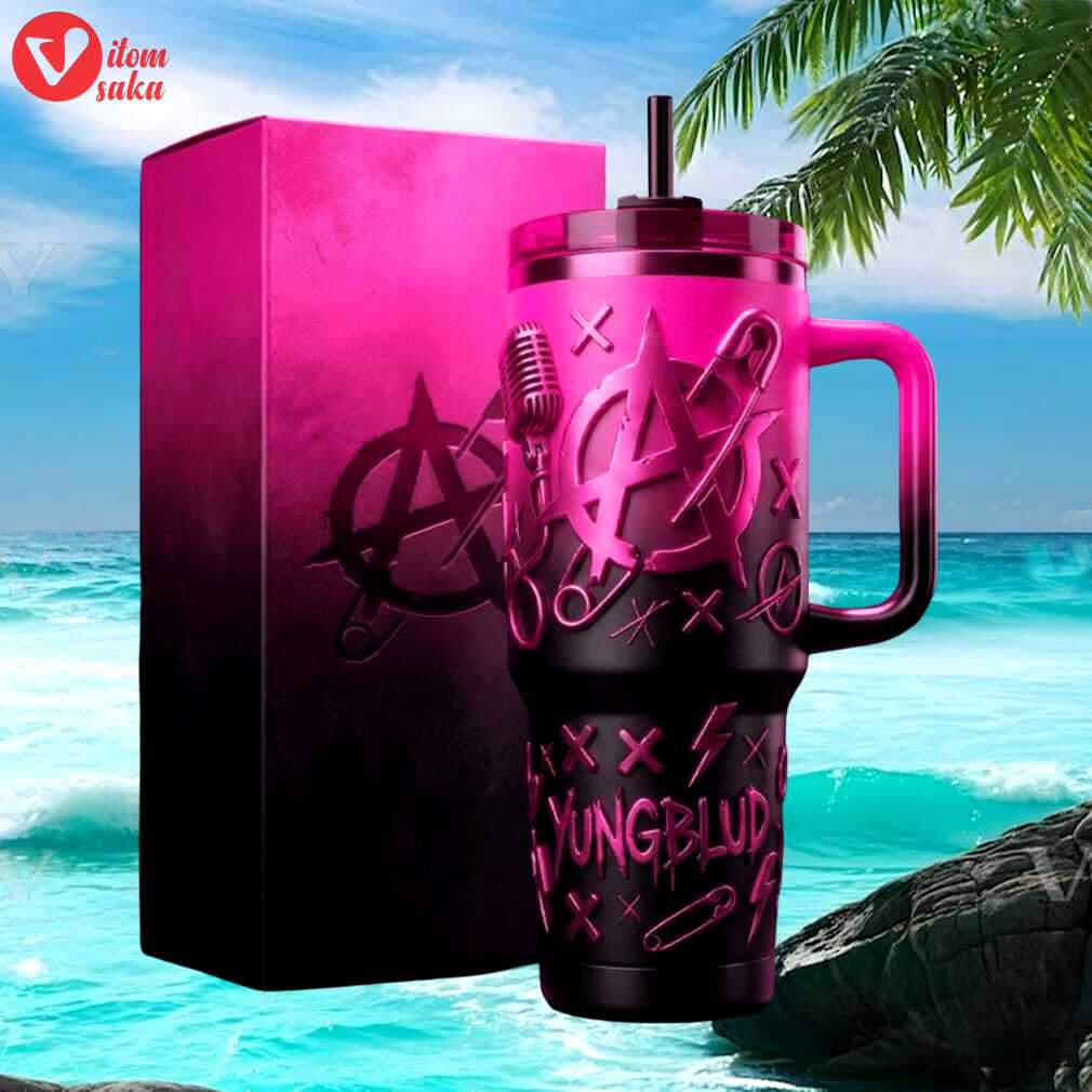 Yungblud signature 3d pink & black anarchy symbol tumbler   alt rock fan collectible