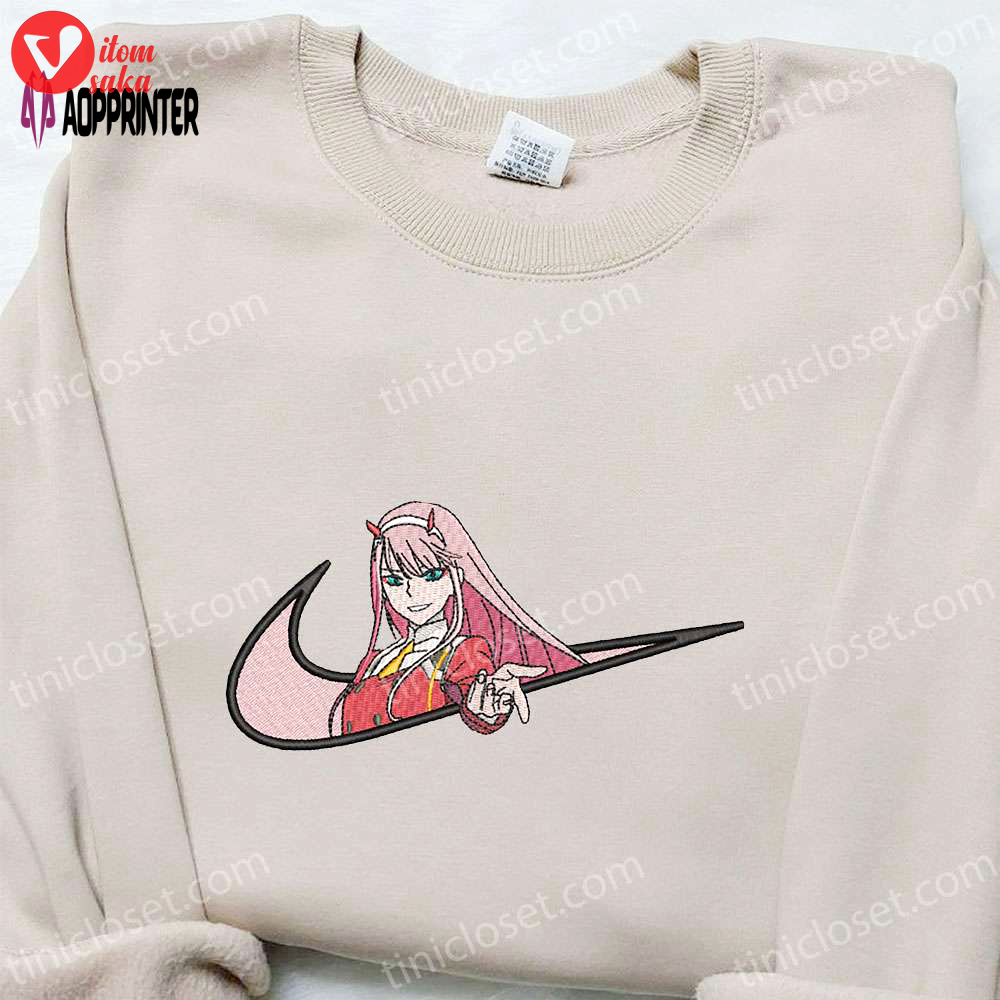 Zero two x swoosh anime embroidered sweatshirt – darling in the franxx shirt – custom t-shirt