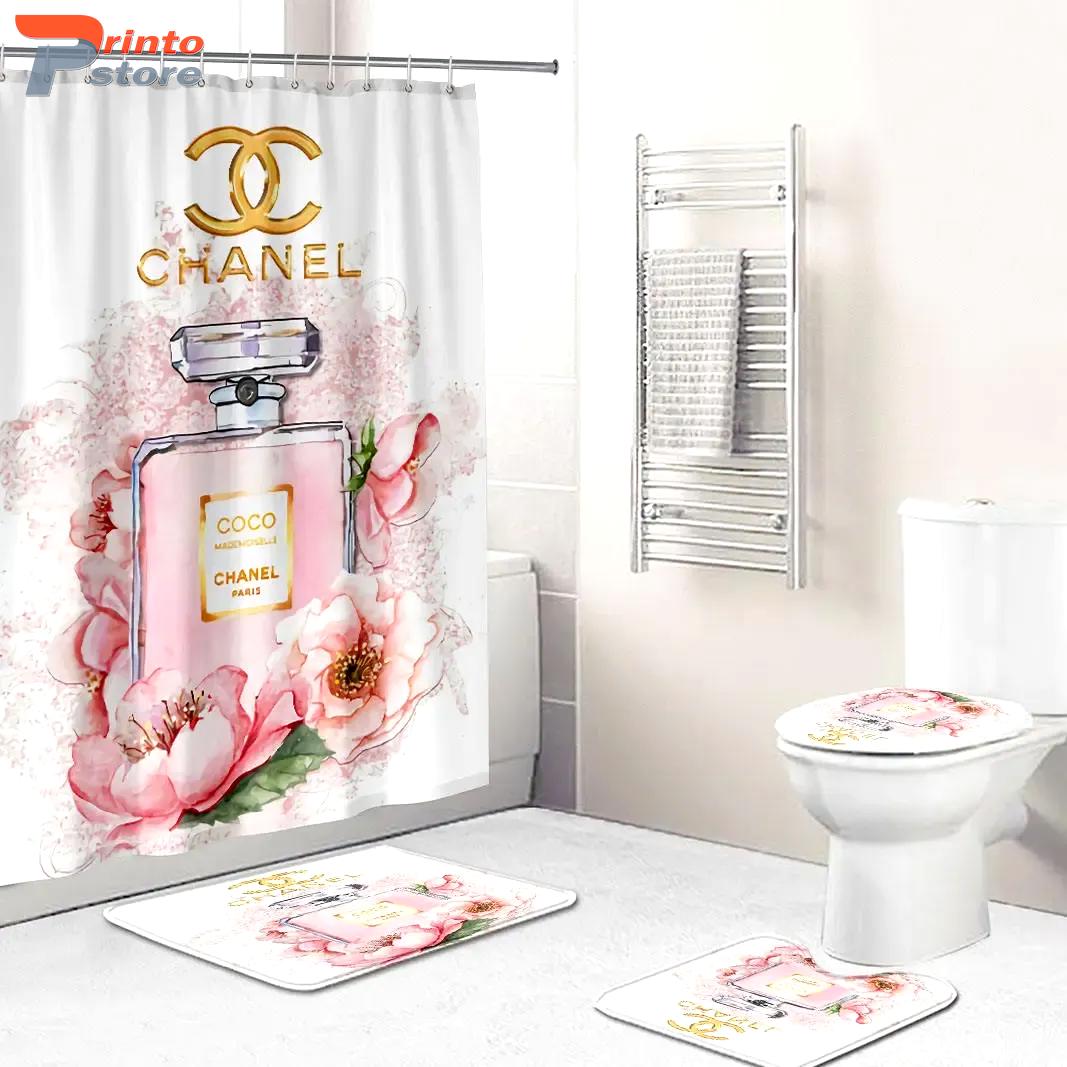 Chanel shower curtain perfume gold flowers rose luxury bathroom set