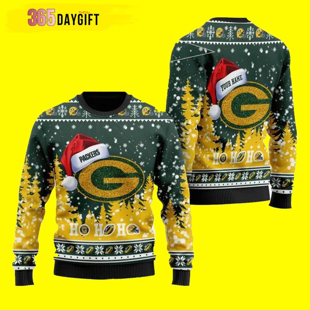 Green Bay Packers Symbol Wearing Santa Claus Hat Ho Ho Ho Ugly Christmas Sweater