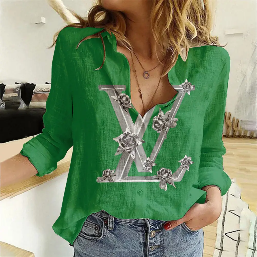 Louis Vuitton Green Silver Floral Logo Graphic Shirt 2025