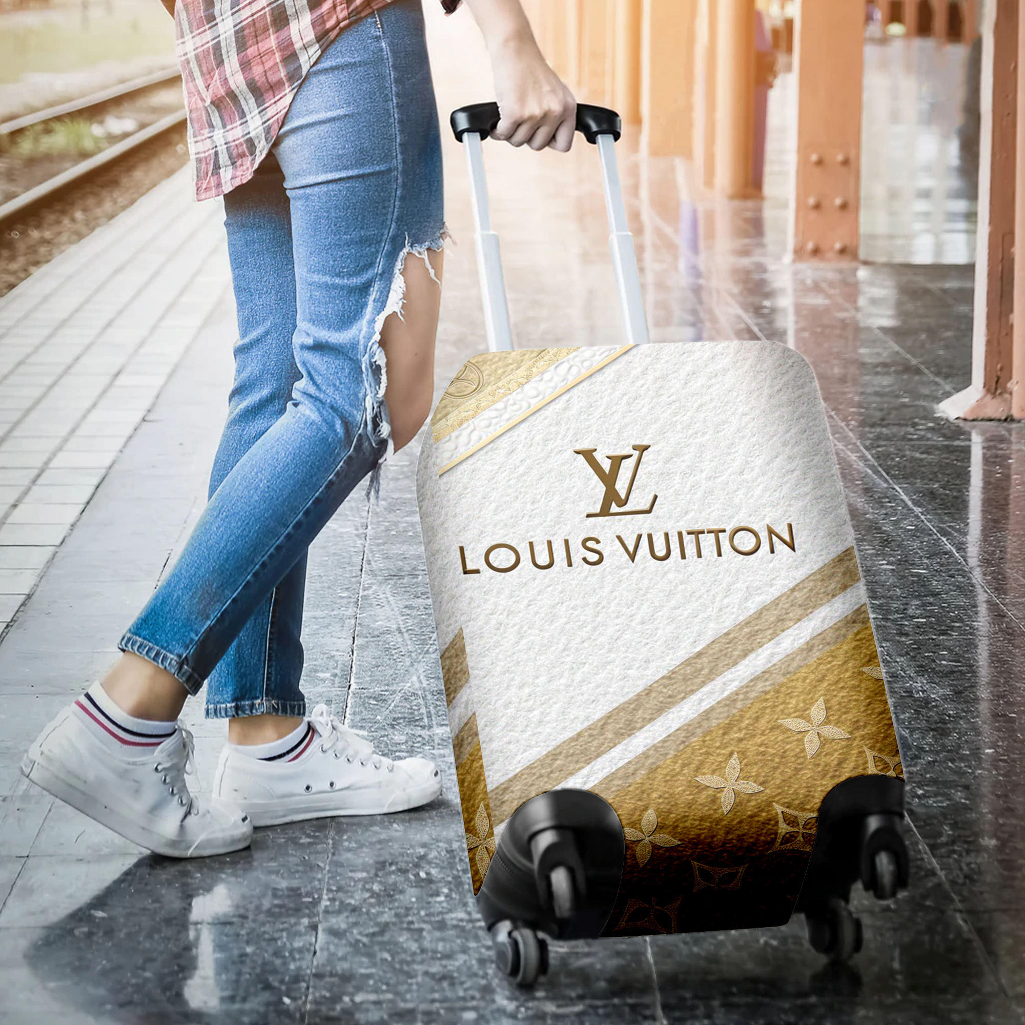 Louis Vuitton Cream Gold Diagonal Luggage Cover Luxury Travel Gift