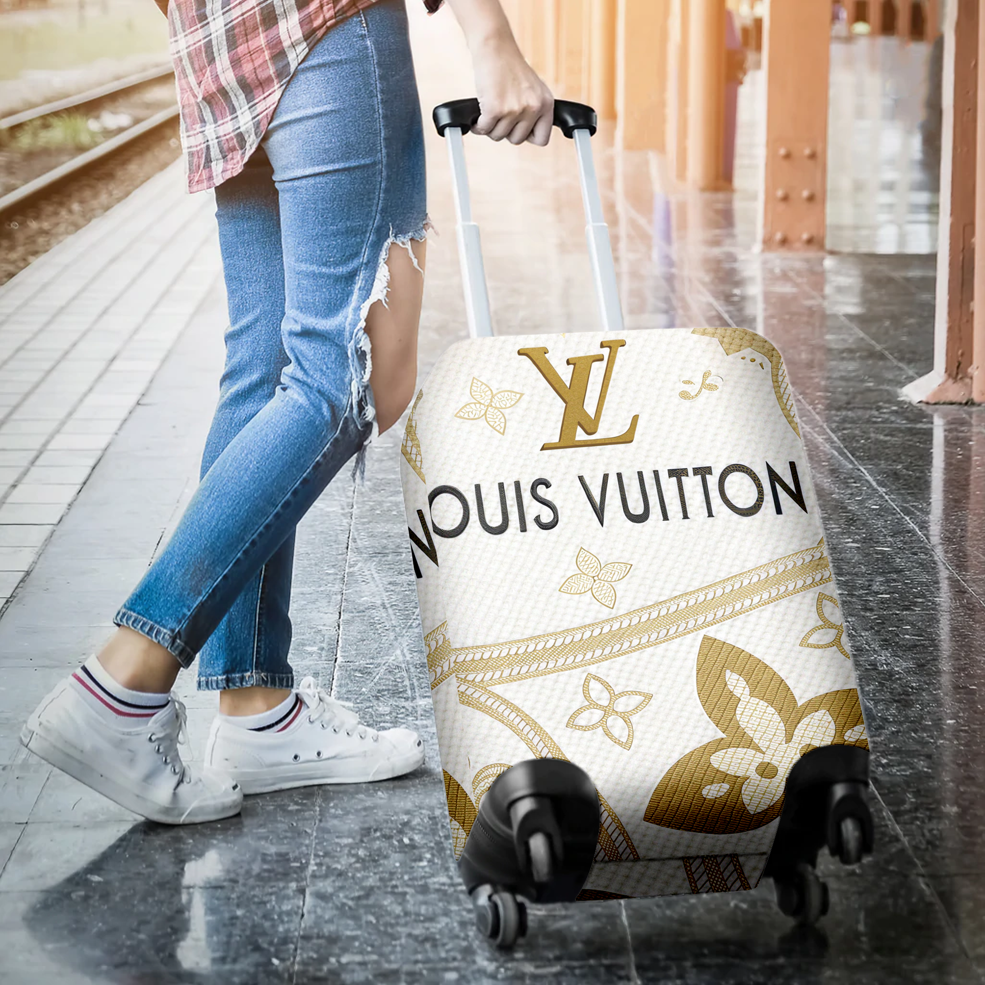 Louis Vuitton Ivory Gold Monogram Luggage Cover Elegant Travel Gift
