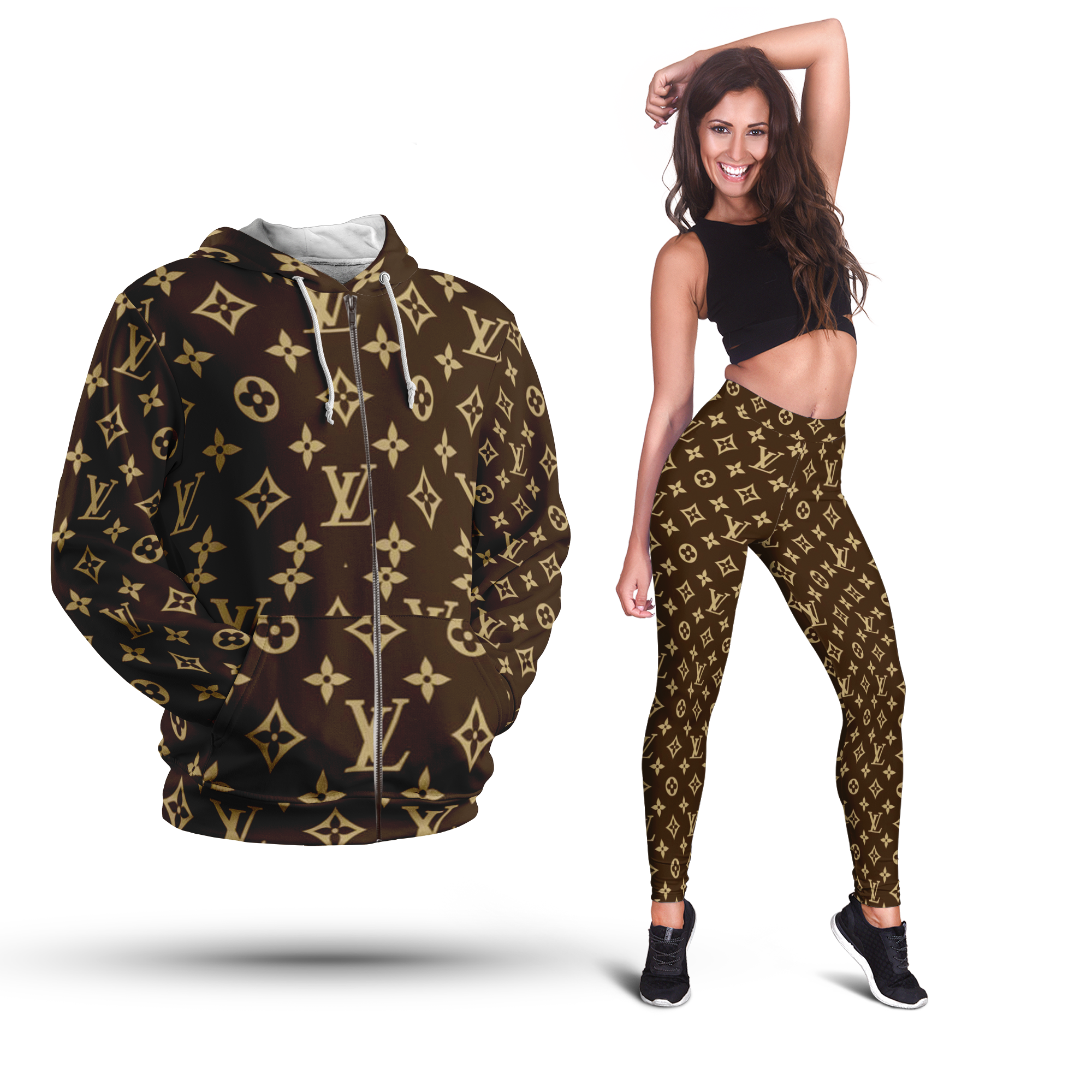 Brown Luxury Monogram Hoodie and Leggings Set Designer Aesthetic