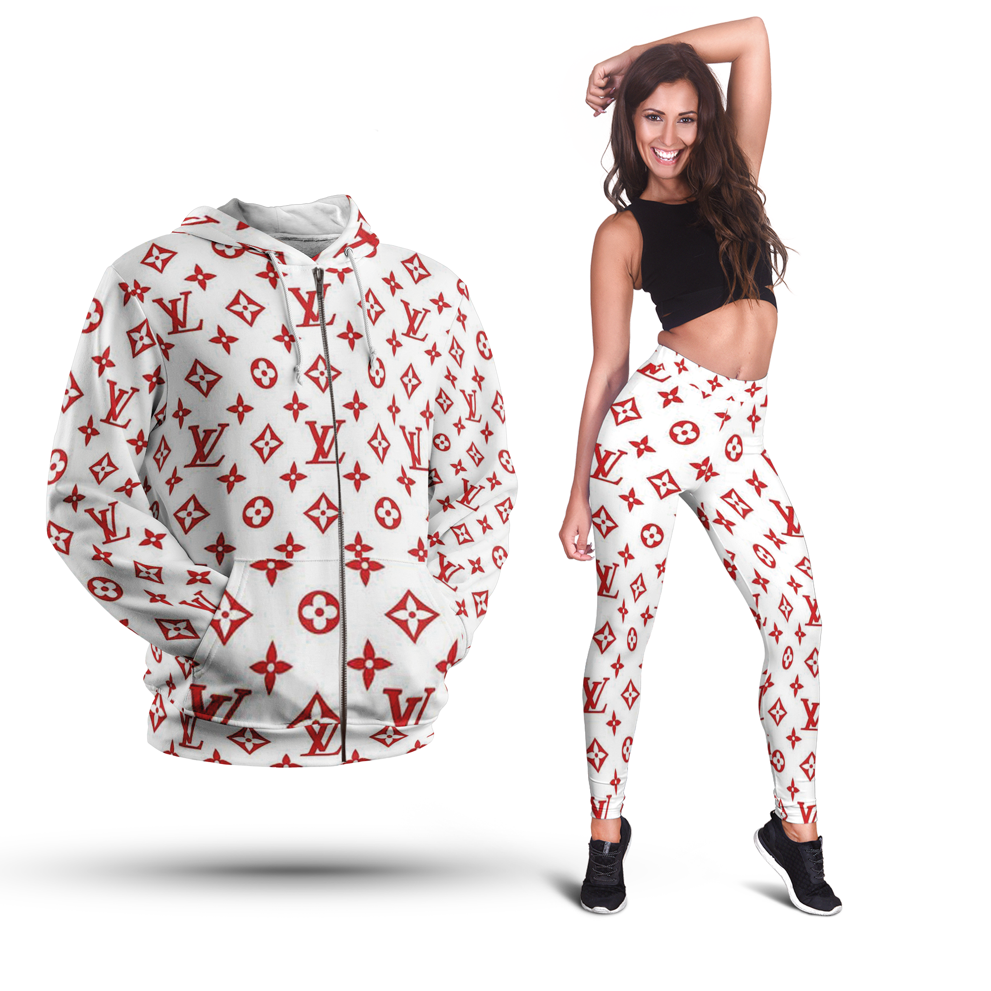 Louis Vuitton Red Aesthetic Hoodie & Leggings Set for Women – Luxury Fashion Gift