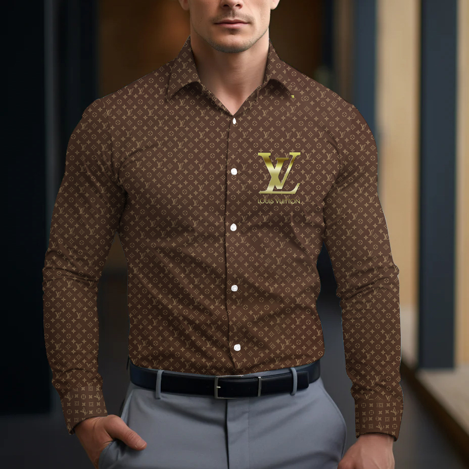 2025 Brown Micro Monogram Gold Logo Polo Shirt