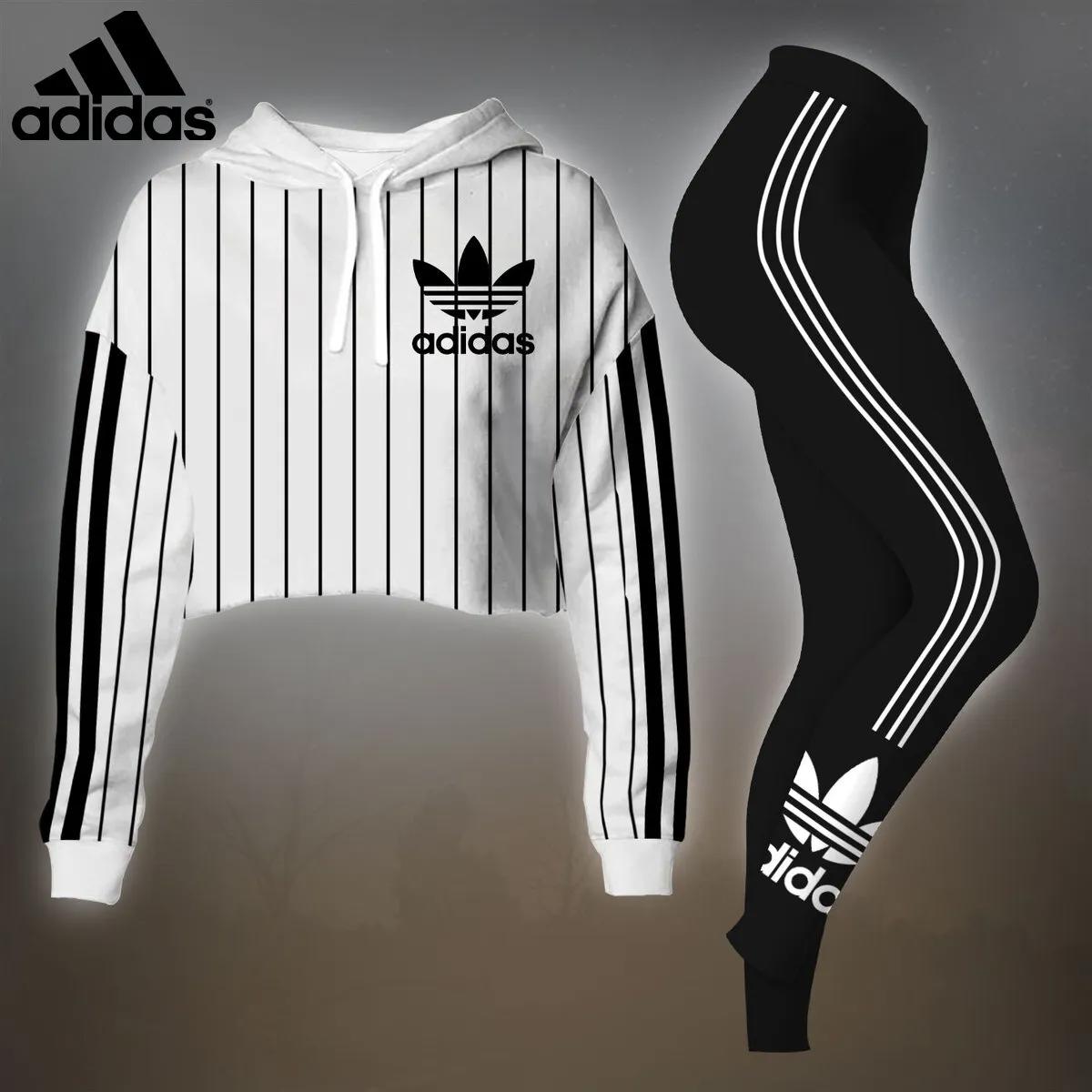Adidas Striped Crop-Top T-Shirt and Leggings Set in Classic Style
