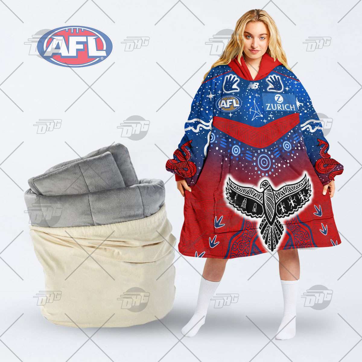 AFL X Oodie Bold Statement Hoodie Blanket Red and Blue