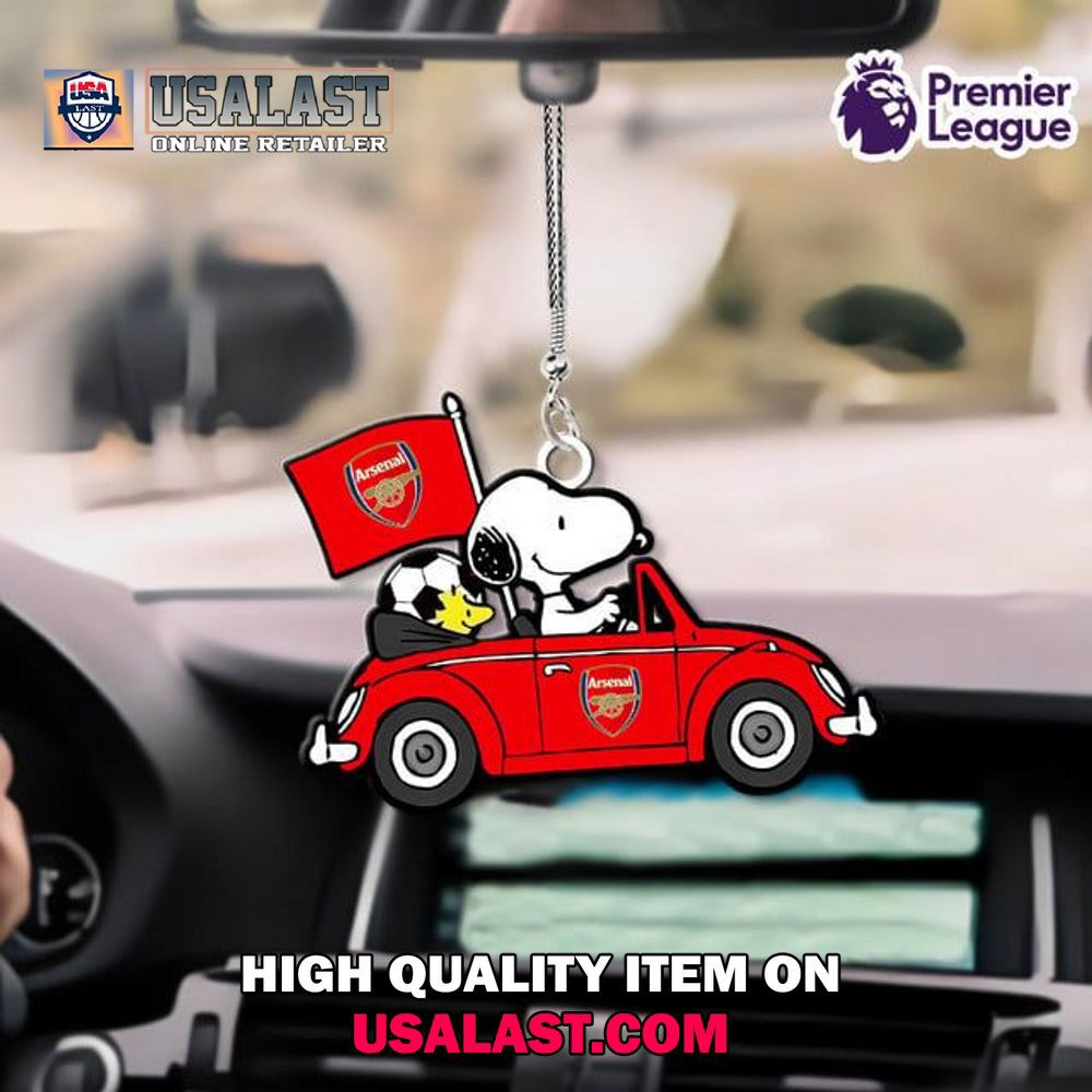 Arsenal Soccer Car Ornament Featuring Snoopy and Woodstock