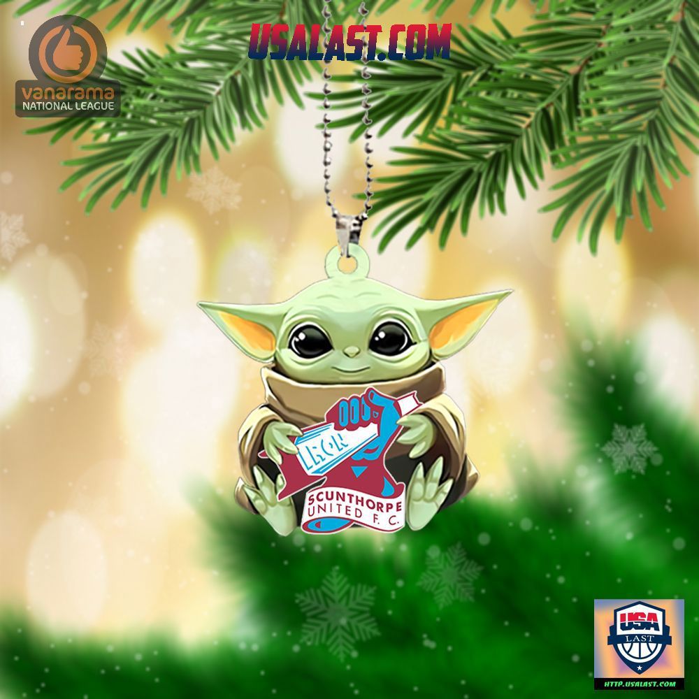 Baby Yoda Christmas Ornament with Scunthorpe United F.C. Logo and Festive Green Accents