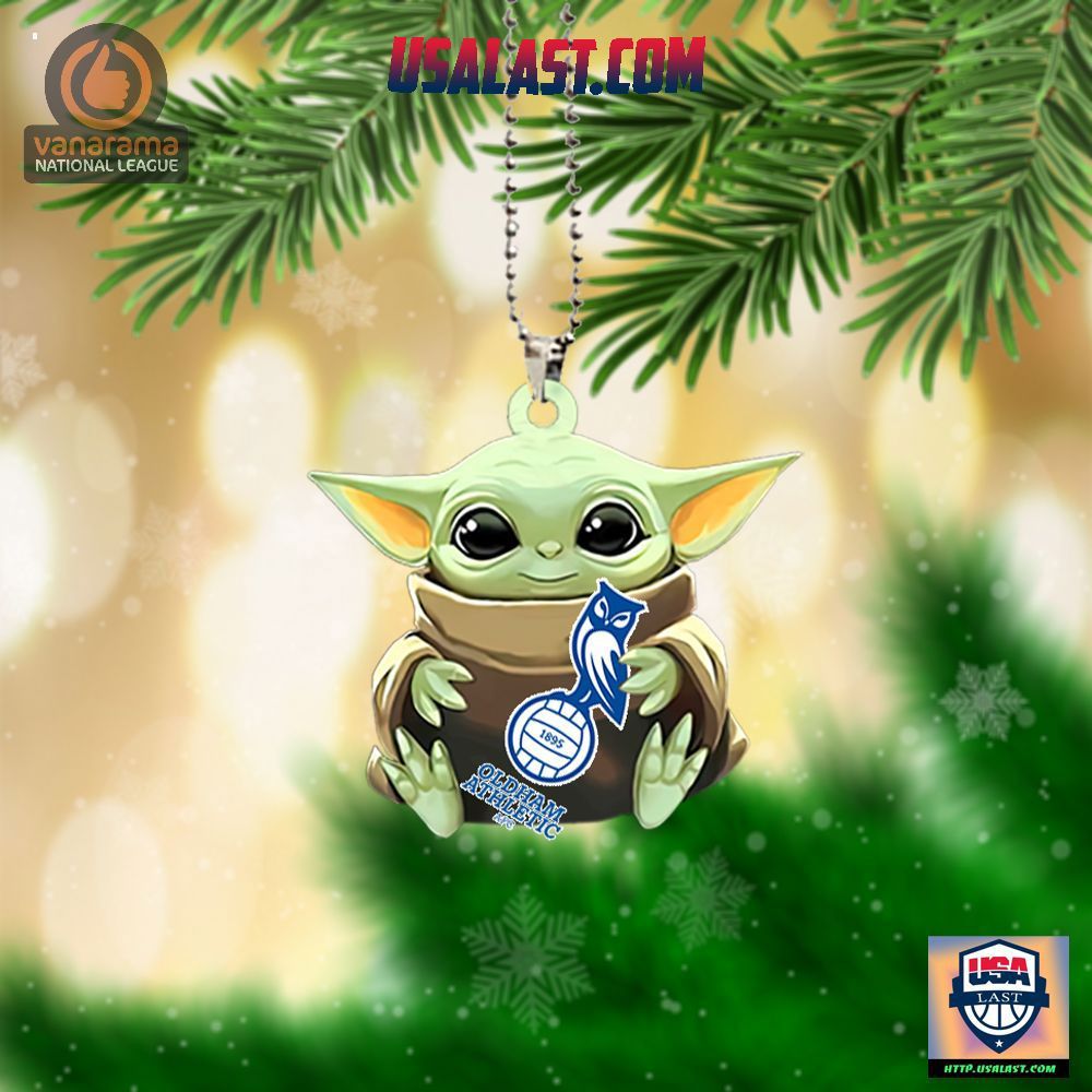 Baby Yoda Ornament with Oldham Athletic Football Club Logo and Luxurious Finish