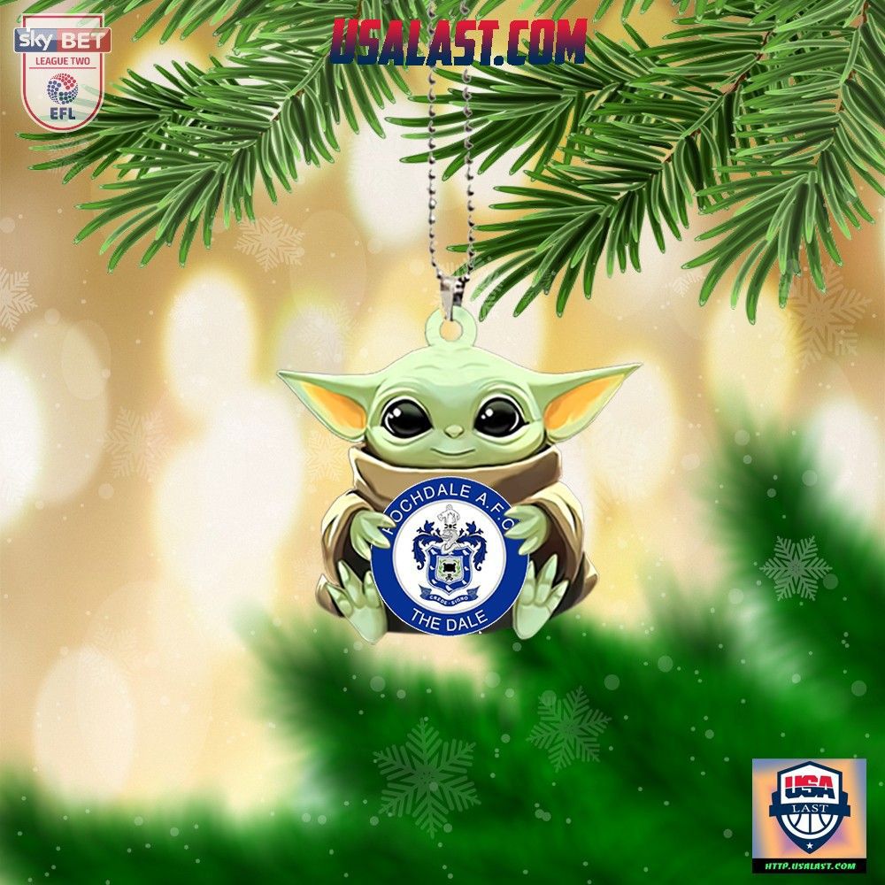 Baby Yoda Ornament with Rochdale AFC Crest and Festive Green Color