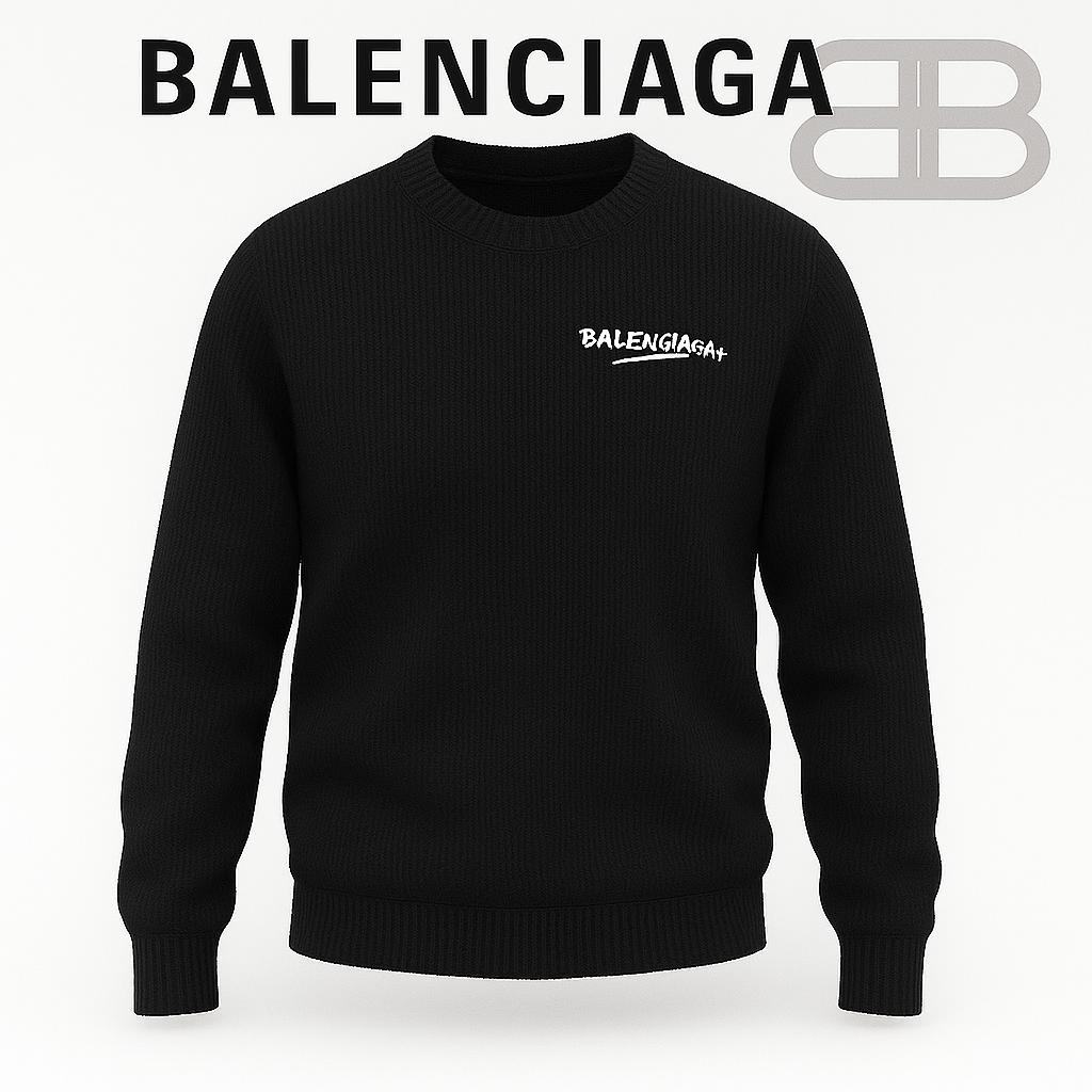 Balenciaga Black Knit Sweater with Bold Logo Embroidery