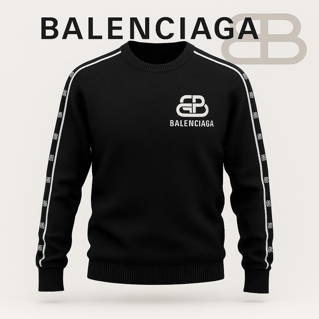 Balenciaga Black Sweater with Monogram Tape Detail and Bold Logo