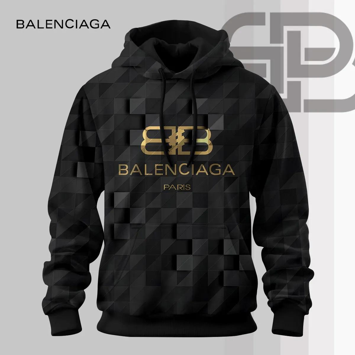 Balenciaga Paris Black Hoodie with Geometric Gold Logo