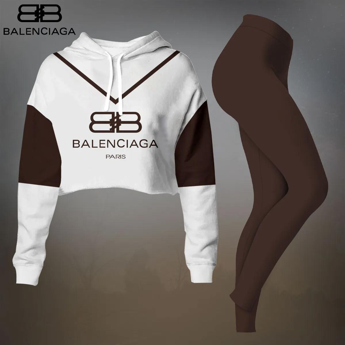 Balenciaga White and Brown Cropped Hoodie Set