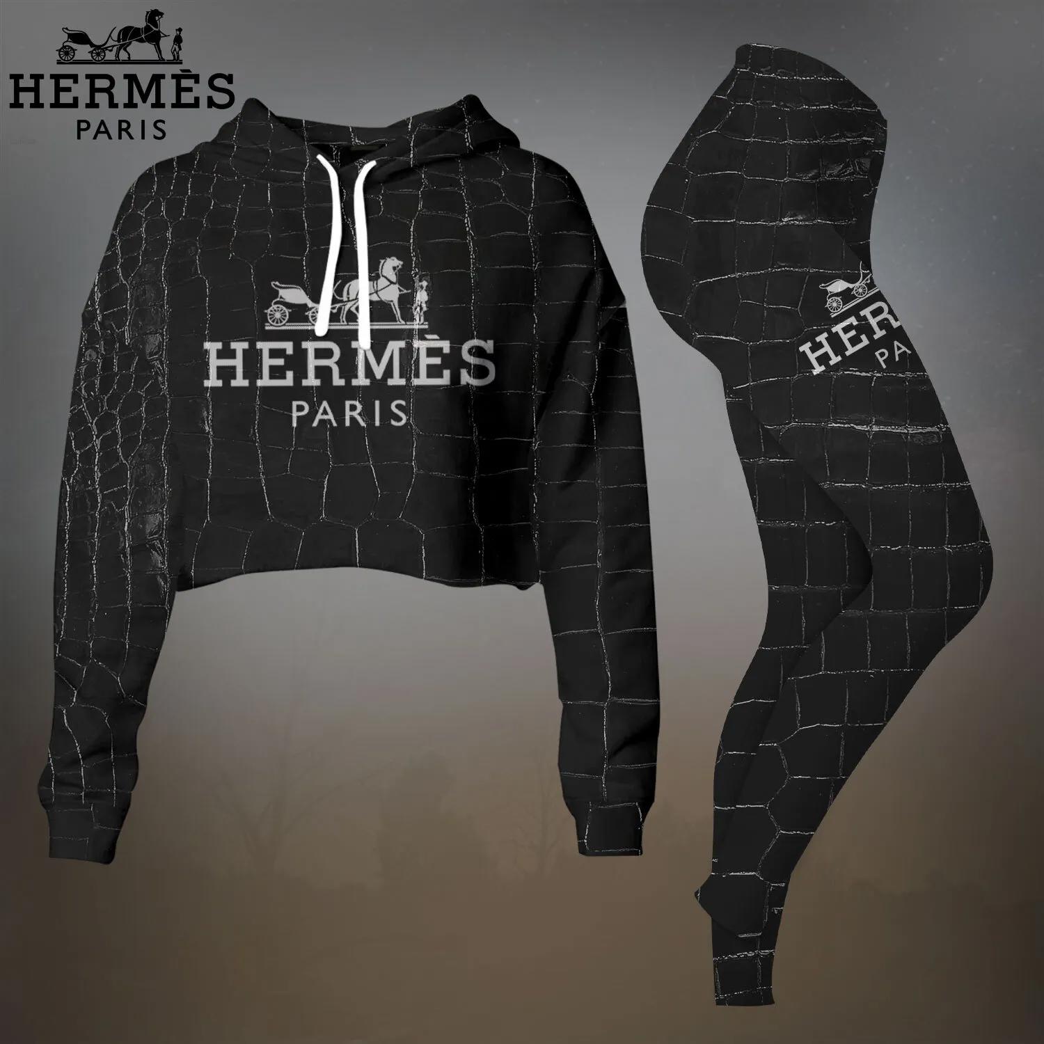 Black Croc-Embossed Crop Top T-Shirt and Leggings Set by Hermes Paris - Luxury Edition