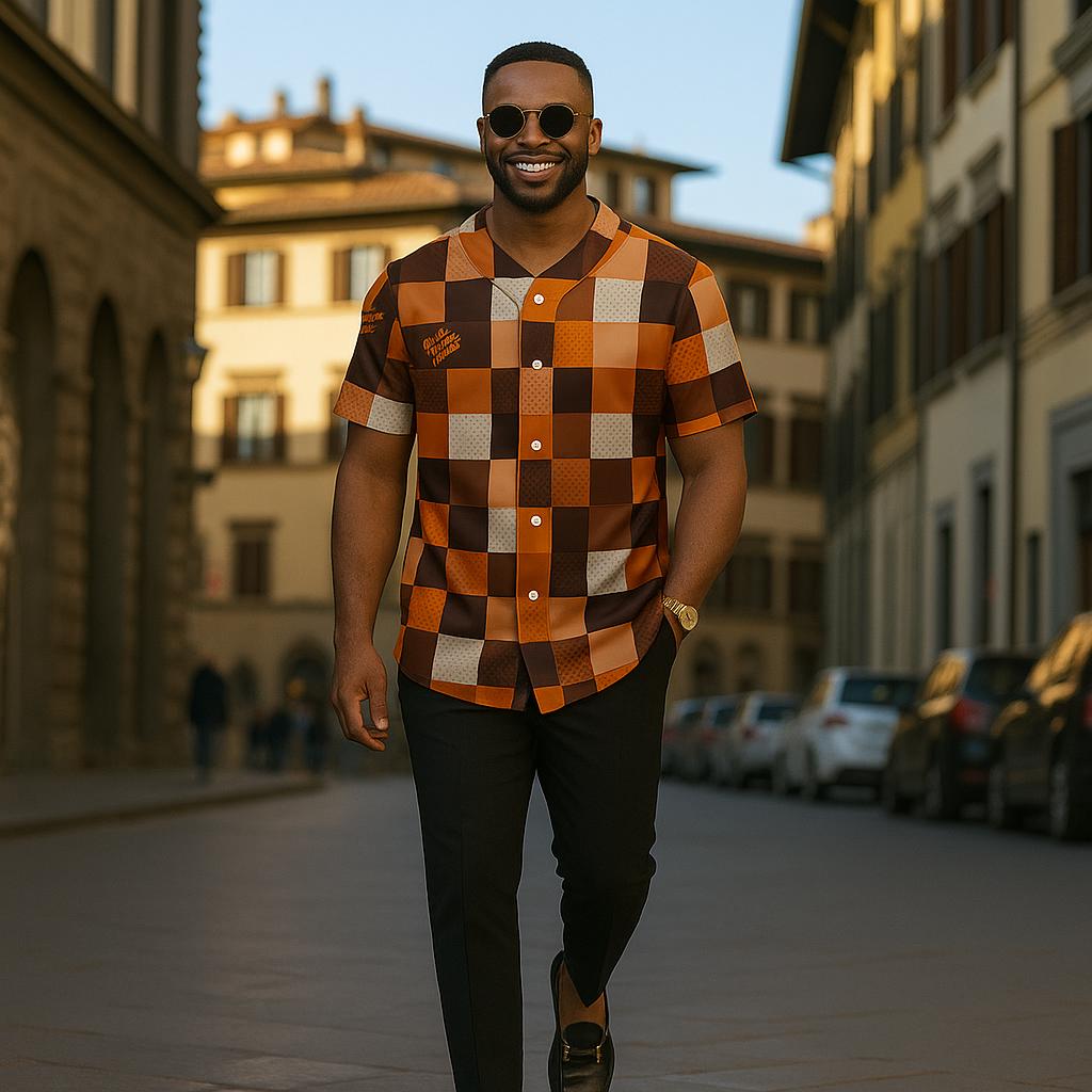 Bold Checkered Baseball Jersey | Statement Orange & Brown Luxe Edition