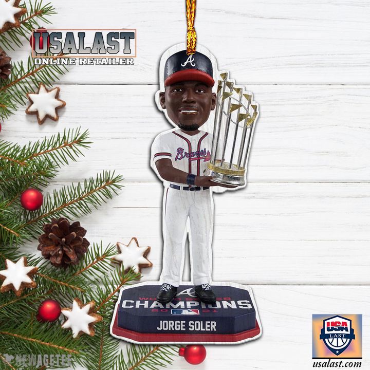 Braves Baseball Champion Ornament with Jorge Soler Figure and Trophy