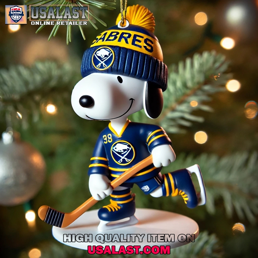Buffalo Sabres Snoopy Ornaments in Blue and Gold Hockey Style
