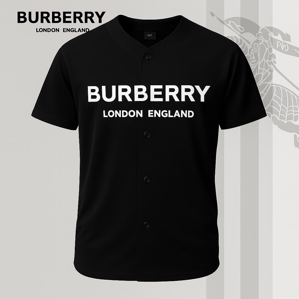 Burberry Black Baseball Jersey Modern V-Neck Button-Up