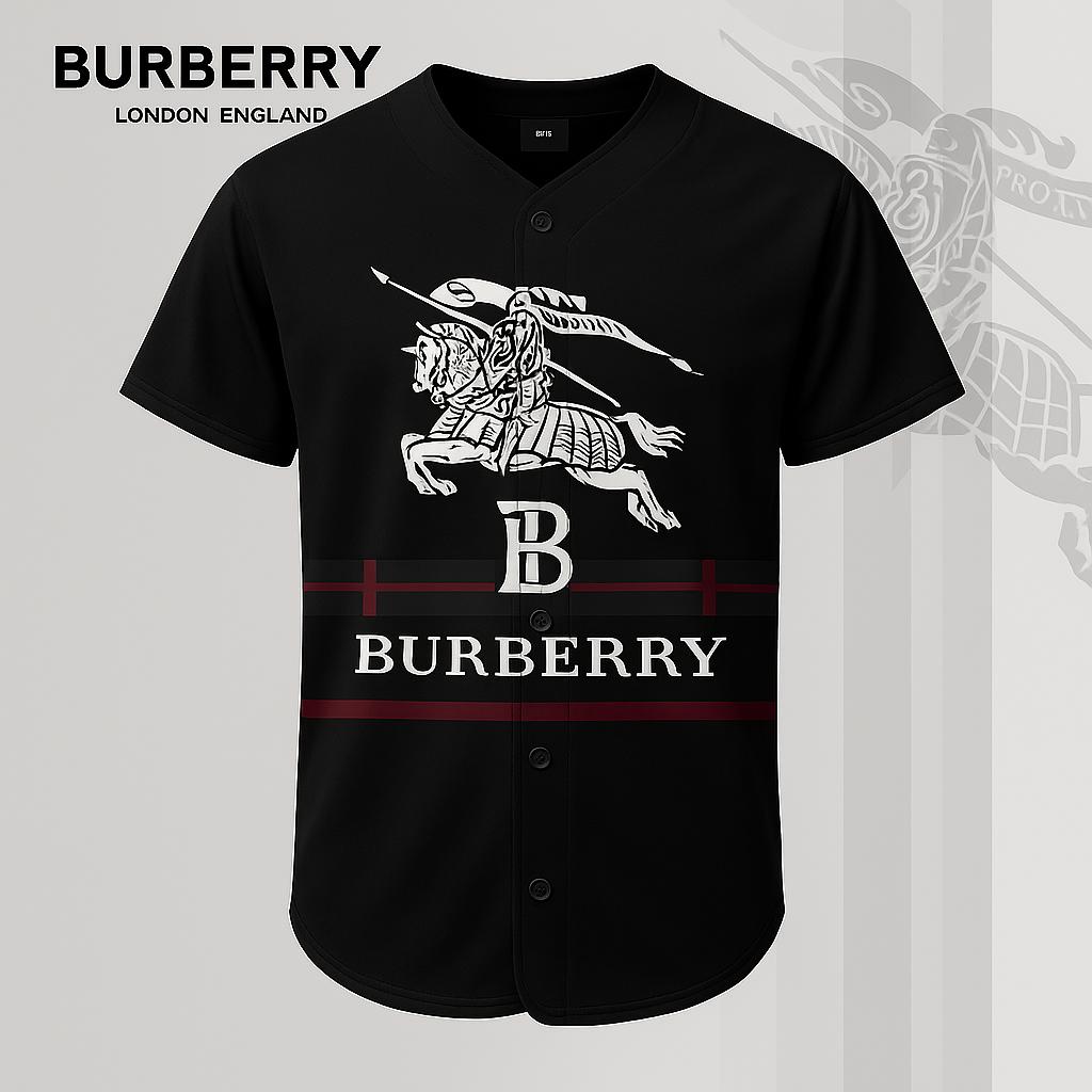 Burberry Black Baseball Jersey with Classic Iconic Print and Bold Lettering