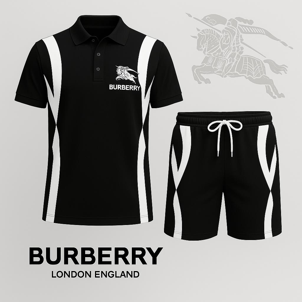 Burberry Black Polo Short Set with White Stripe Design