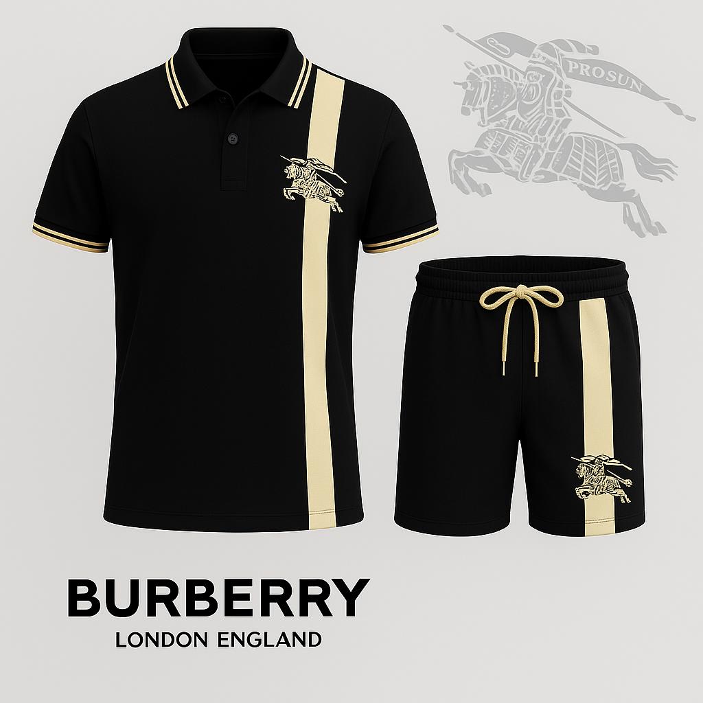 Burberry Black Polo Short with Golden Stripe & Monogram