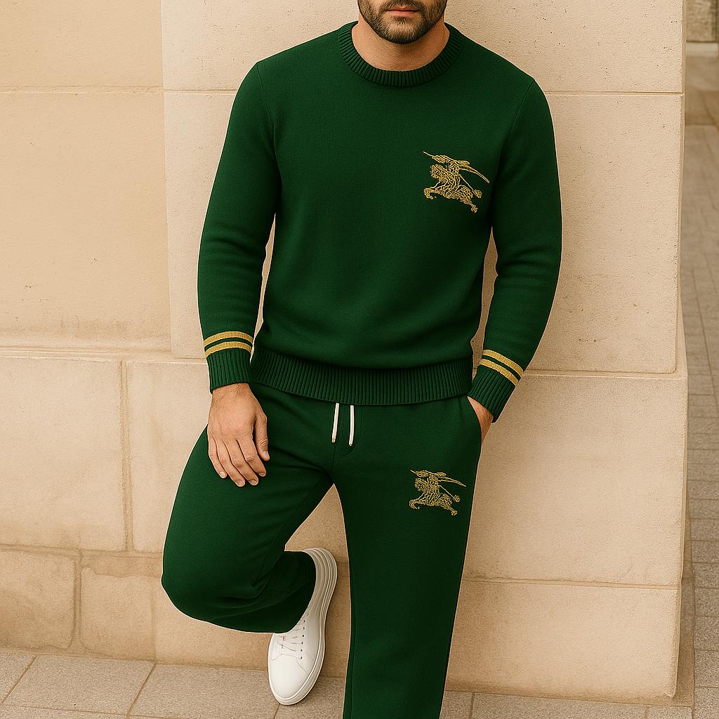 Burberry Green Cashmere Sweater And Pants Set with Golden Logo Embroidery