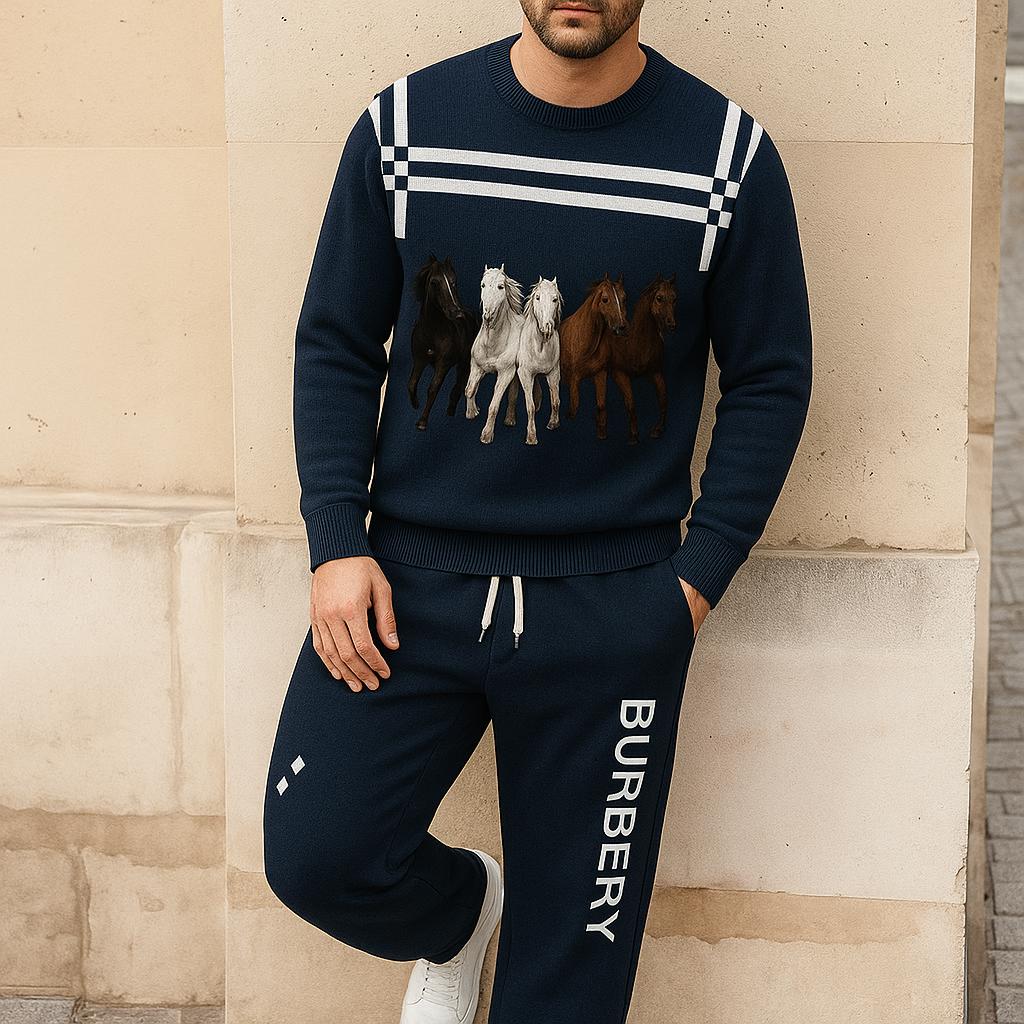 Burberry Horse Print Sweater And Pants Set - Chic Navy Blue and Striped Texture