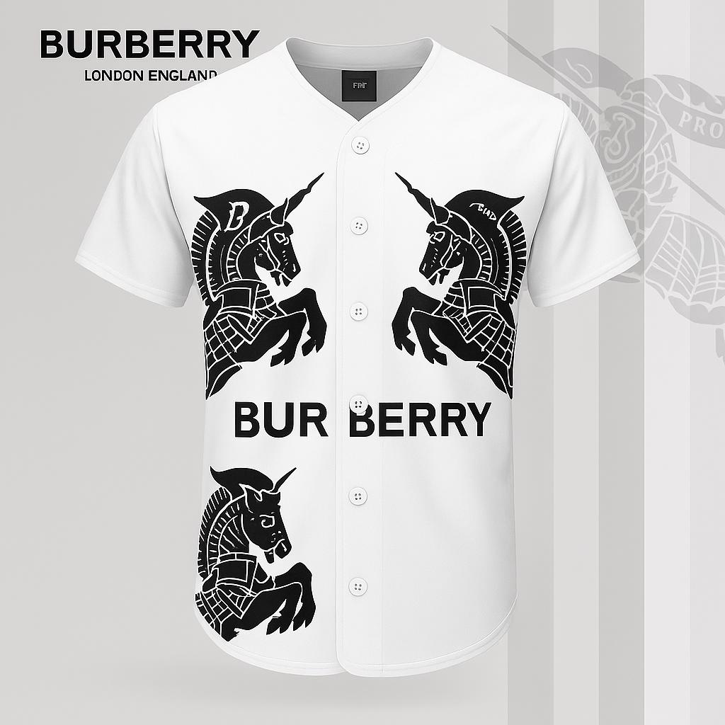 Burberry Iconic Baseball Jersey in White with Black Unicorn Print