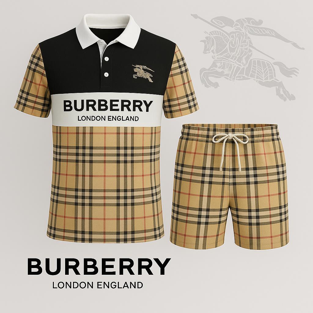 Burberry Iconic Check Polo Short + Classic Fit + Beige and Gold