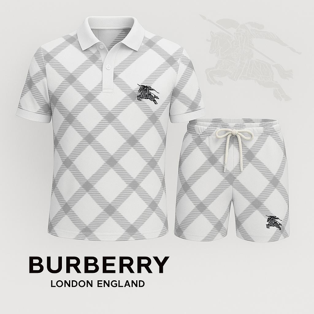 Burberry Iconic Check Polo Short + White and Grey Stripes
