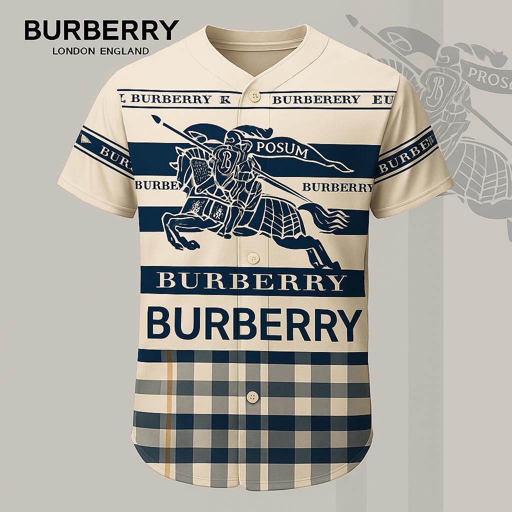 Burberry Iconic Plaid Baseball Jersey in Beige & Navy