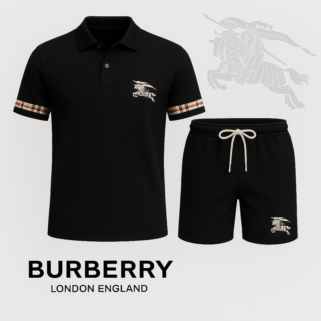 Burberry Iconic Polo Short Black and White Striped Trim