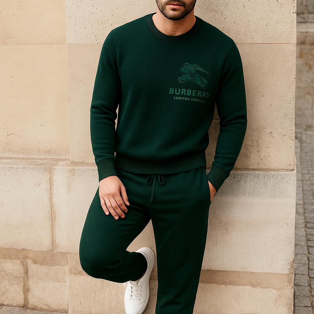 Burberry Luxury Green Sweater And Pants Set for Men