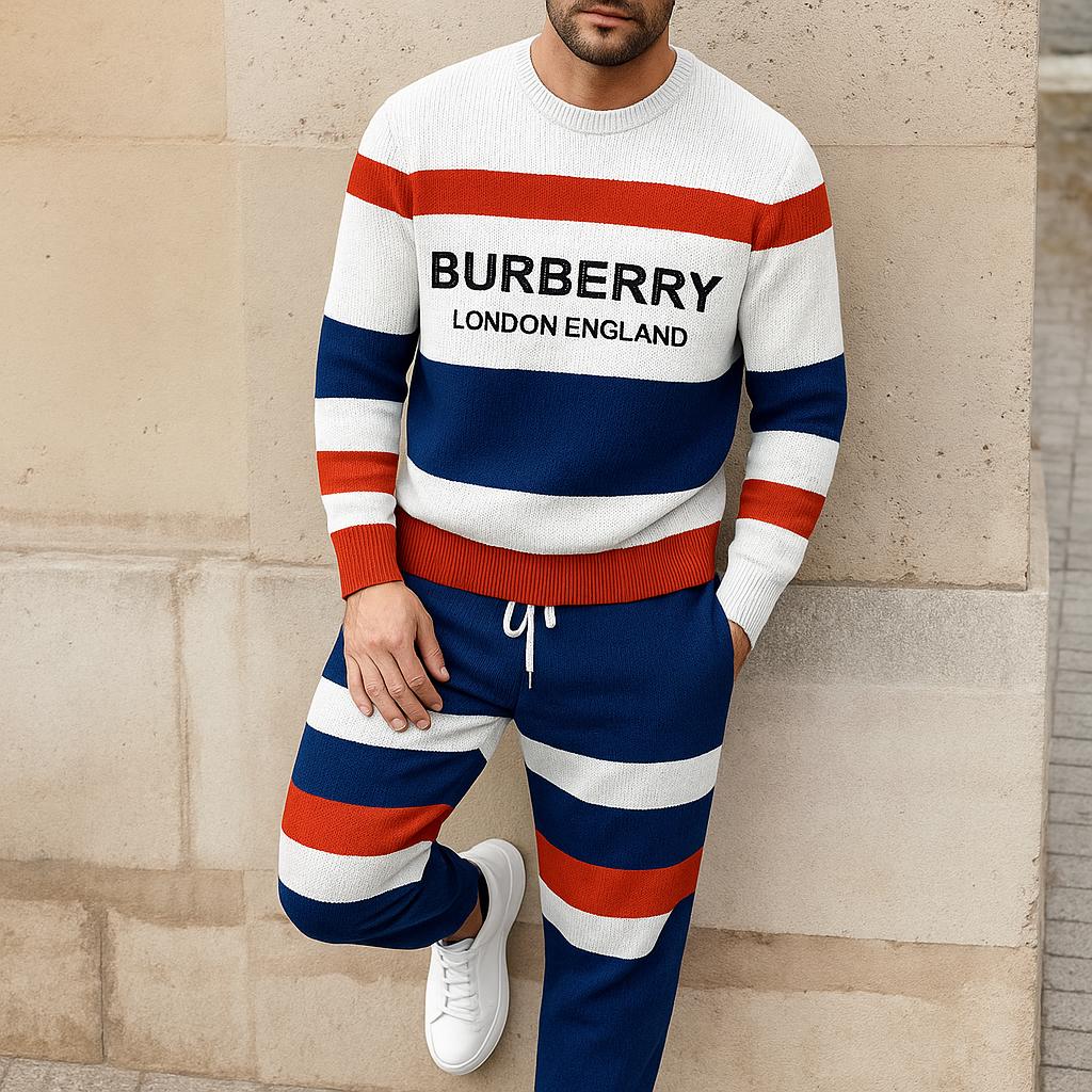 Burberry Luxury Striped Sweater and Pants Set Chic Style Navy & Red